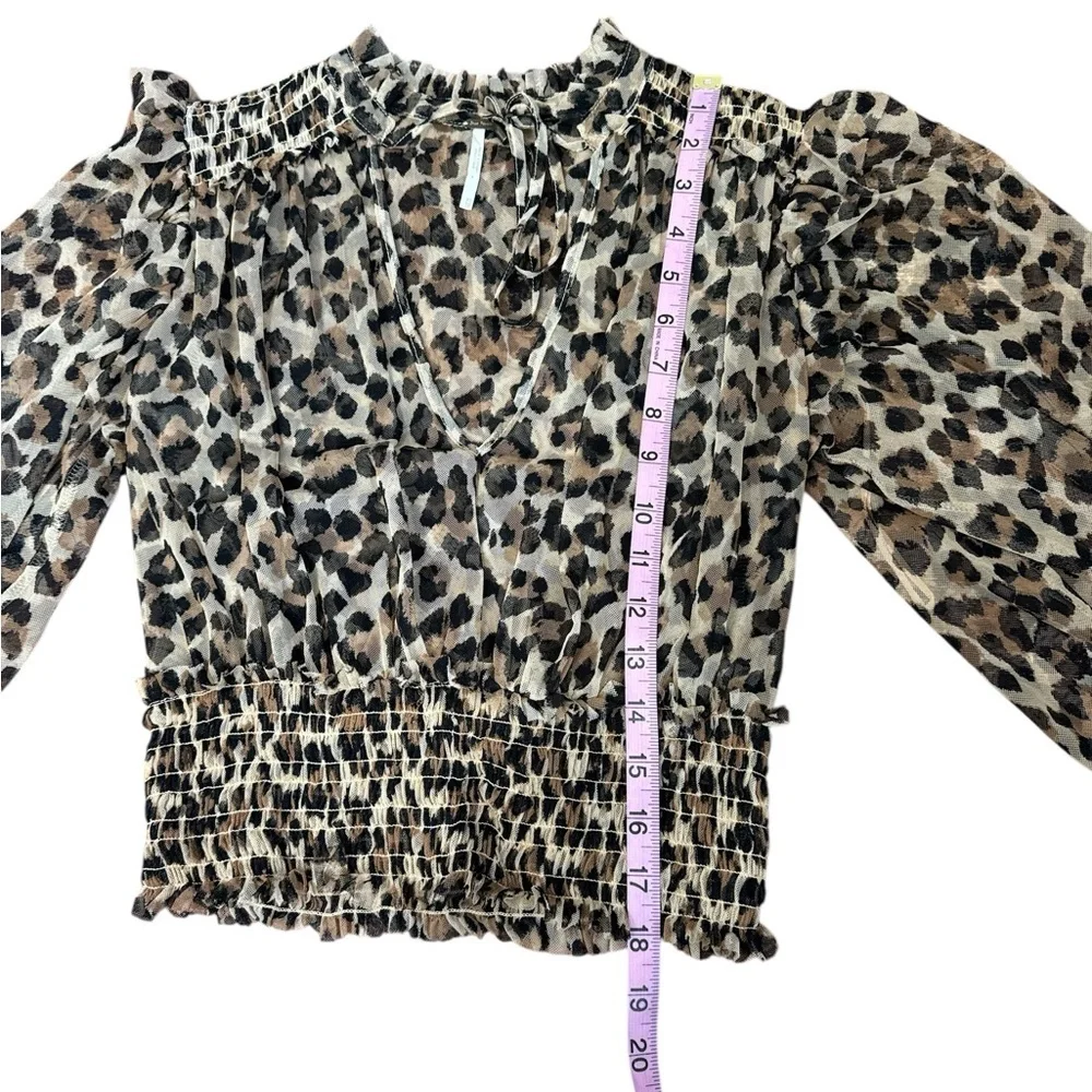 Free People Leopard Mesh Smocked Top | Size XS | Sheer Puff Sleeve Blouse - Picture 7 of 9